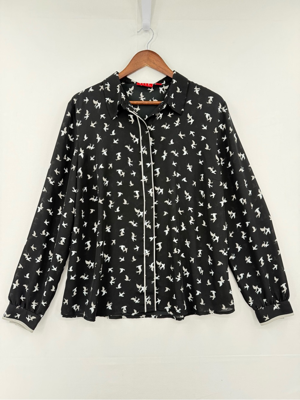 ELLE Women’s XL Black White Bird Print Long Sleeve Button Up Blouse Shirt